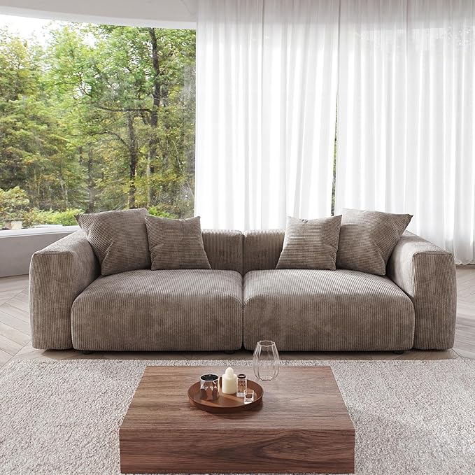 JACH 102" Sectional Couch Sofa with 4 Pillows, Corduroy Comfy Modular Sectional Sofa, Cushion Covers Removable, Love Seat Soft Couches for Living Room, Office, Apartment, Light Brown