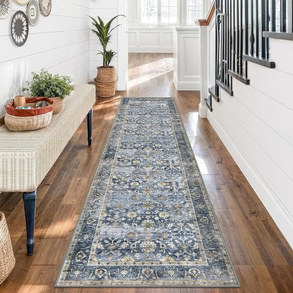 KUTA Vintage Washable Runner Rug, 2x7 Blue Grey Beige Runners for Hallways Non-Slip Kitchen Rugs Ultra Thin Soft Printed Distressed Oriental Floral Floor Carpet for Laundry Bedroom Living Room