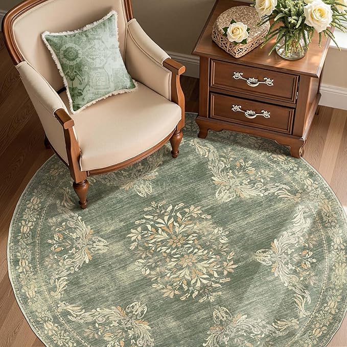 jinchan Round Rug 5ft Area Rugs Vintage Floral Distressed Design Machine Washable Soft Non-Slip Low-Pile Ultra-Thin Christmas Circle Rug for Entryway Living Room Dining Room (5' Round, Dark Green)