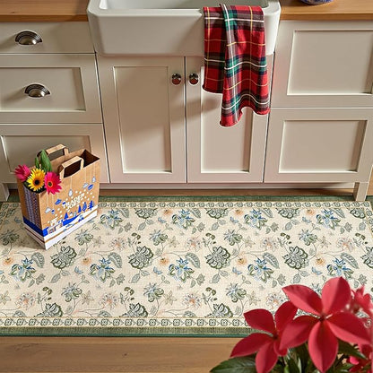 jinchan Elora 2x5 Floral Runner Rug for Hallway Washable Runner Vintage Romance Christmas Design Non Slip Thin Indoor Floor Cover Low-Profile Throw Carpet for Entryway Bedroom Porch, Green/Beige