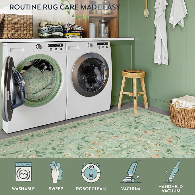 Lahome Floral 5x7 Washable Rug, Non Slip Soft Rug for Kids Room Nursery Ultra-Thin Green Carpet Bedroom, Vintage Botanical Print Carpet for Playroom Classroom Living Room Kitchen, Sage