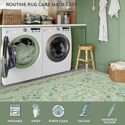 Lahome Floral 5x7 Washable Rug, Non Slip Soft Rug for Kids Room Nursery Ultra-Thin Green Carpet Bedroom, Vintage Botanical Print Carpet for Playroom Classroom Living Room Kitchen, Sage
