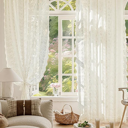 Anmao Vintage Lace Curtains 102 Inches Long 2 Panels Set, Romantic Elegant Light Filtering Semi Sheer Floral Thick Lacy Curtain Drapes for Living Room and Bedroom, Each Panel 55W x 102L, Ivory