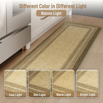 KIMODE Anti Fatigue Kitchen Mats for Floor, Farmhouse Kitchen Rugs Sets of 2, Cushioned Kitchen Floor Mats, Comfort Standing Mat for Sink Laundry Office Desk Brown/Khaki 17"x47"+17"x29"