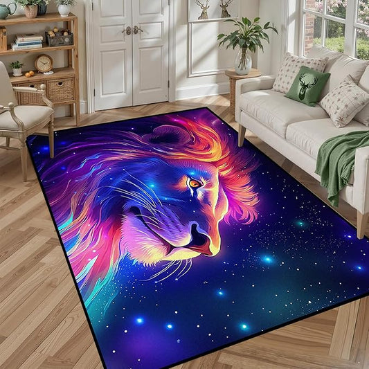 5' X 7' Galaxy Lion Rug 3D Fierce Lions Area Rugs for Kids Bedroom Living Room Playroom Gameroom Boys Glitter Carpet Throw Rugs Floor Mat