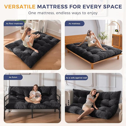 MAXYOYO Japanese Floor Mattress Full Size, 6" Foldable Futon Mattress Tufted Roll Up Floor Bed, Thick Chenille Tatami Mat Sleeping Pad for Camping Guest Room Dormitory Bedroom RV, Black