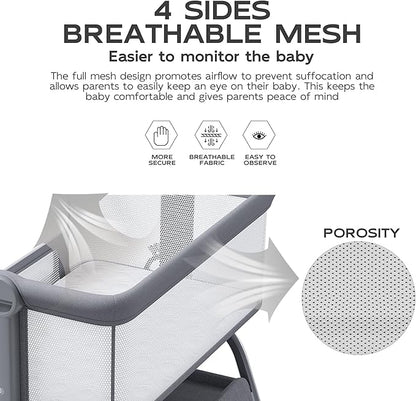 BabyBond Baby Bassinet, 3 in 1 Bassinet Bedside Sleeper with Washable Soft Mattress and Sheet, 6 Height Adjustable Bedside Crib, 4-Sided Mesh Bedside Bassinet for Baby