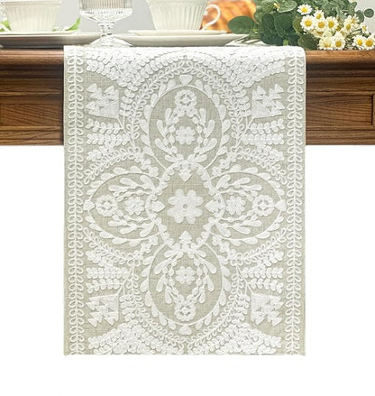 KEVA Boho Table Runner 72inches Long, Farmhouse Linen Table Runner, Rustic Vintage White Embroidered Table Runners 13x72 Inch for Dining Table Decorations