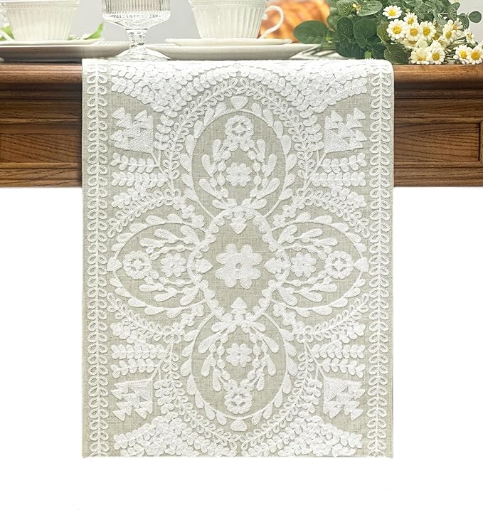 KEVA Boho Table Runner 54inches Long, Farmhouse Rustic Vintage White Embroidered Table Runners 13x54 Inch for Dining Table Decorations