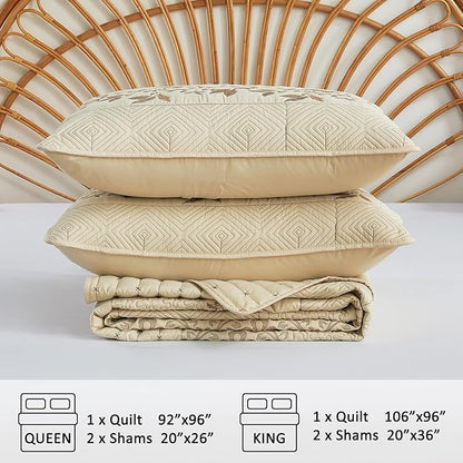 EVENHUG Floral Embroidered Quilt Set King Size 3 Piece Bedding Set Reversible Farmhouse Bedspread Coverlet with 2 Pillow Shams Lightweight Soft Bed Cover for All Season(106"X 96",Beige)