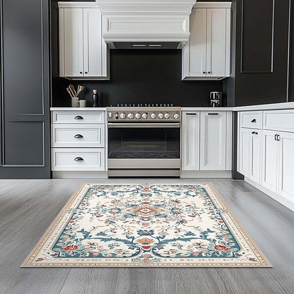 4x6 Boho Area Rug Beige Oriental Rug Non Slip Low Pile Large Carpet for Home Kitchen Living Room Bedroom Dining Room Office