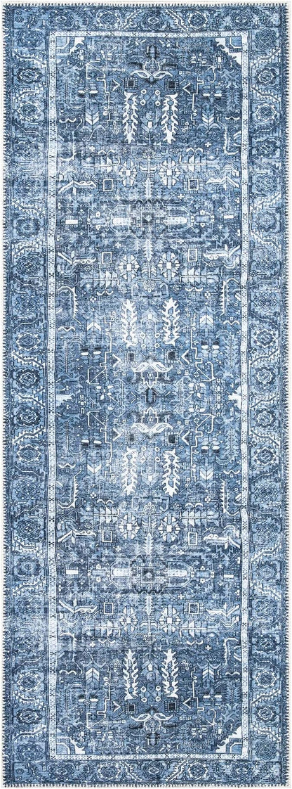 Bloom Rugs Washable Non-Slip 12 ft Runner - Blue Traditional Runner for Entryway, Hallway, Bathroom, and Kitchen - Exact Size: 2.5' x 12'
