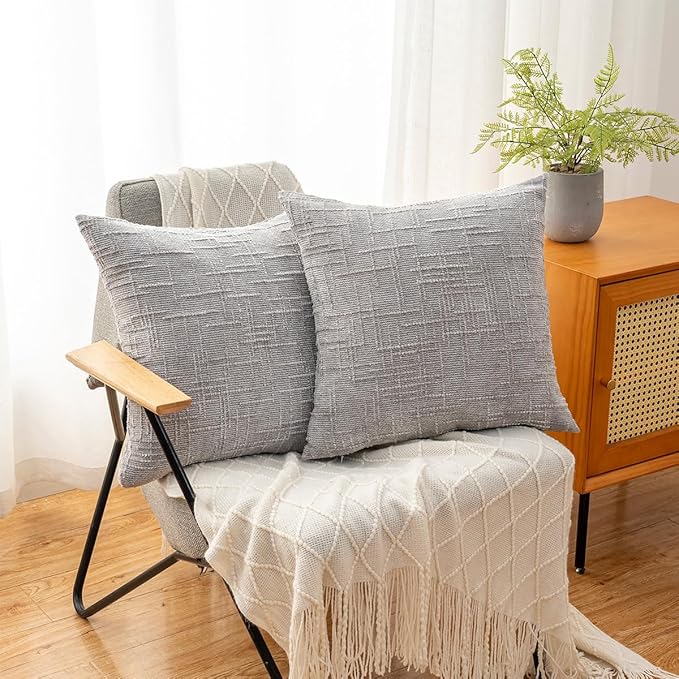 Decorative Throw Pillow Covers 20x20 Inch Set of 2, Soft Solid Farmhouse Chenille Couch Pillows, Spring Pillow Covers for Couch Sofa Bed Living Room Home Decor Pillowcase, Light Gray