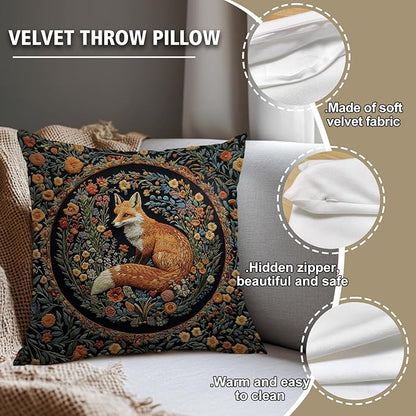 YOU FOUND ME William Morris Abstract Vintage Floral Velvet Fox Design Throw Pillow Covers Home Decor, Retro Art Deco Pillowcase Cushion Cover for Bed Sofa Living Room, Square 18x18inch (Fox)