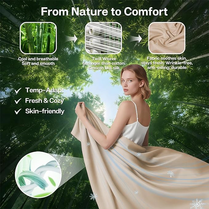 MR&HM Fitted Sheet & Pillowcase Set Queen, 3-Piece Blend Rayon Derived from Bamboo, Silky Soft & Breathable, 15" Deep Pocket with Elastic Straps, Cooling Sheets for Hot Sleepers, Beige