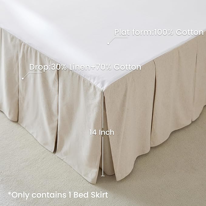 BISELINA French Linen Pleated Bed Skirt, 14" Tailored Draped Natural Linen-Cotton Blend Basic Dust Border Soft Comfort Farmhouse Bedding (14" King, Linen)