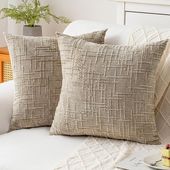 Decorative Throw Pillow Covers 16x16 Inch Set of 2, Soft Solid Farmhouse Chenille Couch Pillows, Spring Pillow Covers for Couch Sofa Bed Living Room Home Decor Pillowcase, Light Khaki