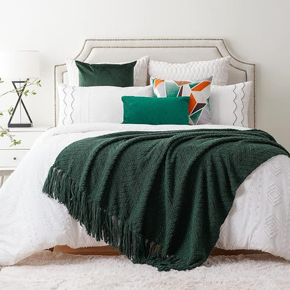 BATTILO HOME Forest Green Throw Blanket for Couch, Knit Christmas Throw Blanket Versatile for Chair, Super Soft Warm Green Christmas Blanket with Tassels for Bed, Sofa and Living Room, 60" x 80"