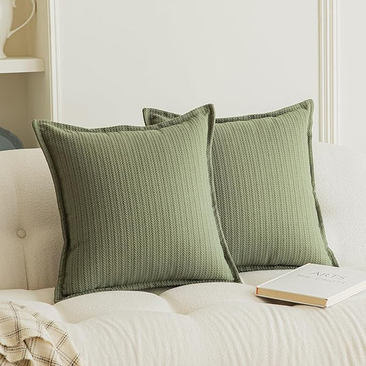 Set of 2 Cozy Striped Herringbone Flange Throw Pillow Covers, Aesthetic Embossed Pattern Pillow Covers for Couch and Bed - 18"x18", Sage Green