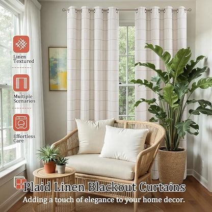 Linen Blackout Curtains for Living Room - Boho Plaid Pattern Thermal Insulated Grommet Cottage Core Window Treatments Rustic Drapes for Farmhouse, 52x84 Inch 2 Panels, Natural