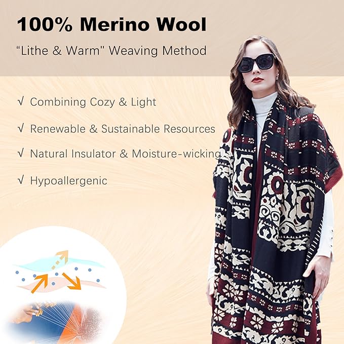 DANA XU 100% Merino Wool Pashmina Shawl for Women 96"x43", Oversized Cashmere Wrap with Tassels, Floral Travel Blanket Cape