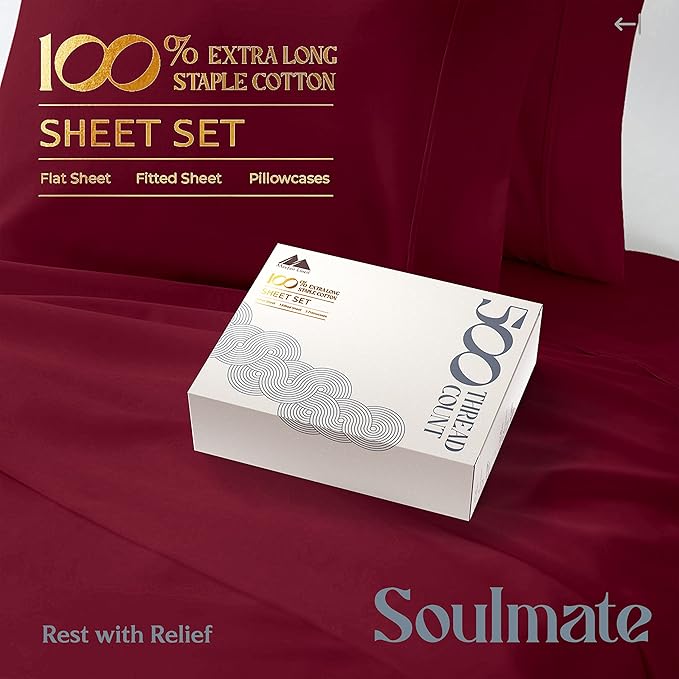 Mayfair Linen 100% Cotton Bed Sheets Queen Set - 500 Thread Count Cotton Sheets for Queen Size Bed, 4 PC Set (Burgundy), Ultra Soft, Cooling, Sateen Weave 16" Deep Pocket Bedsheet for Hot Sleepers