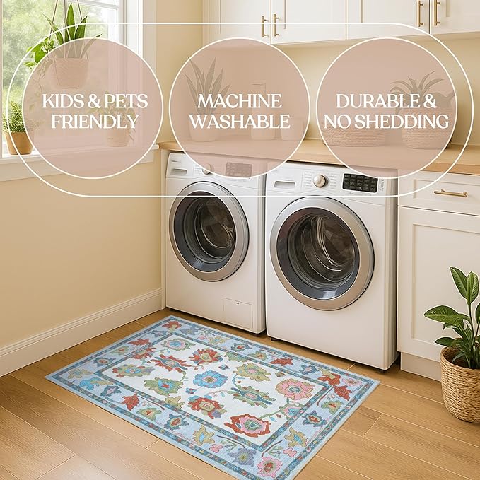 Fame Living Colorful Oushak Rug, Modern Rugs, Vintage, Turkish, Eclectic, Floral, Pastel, Washable, Small Throw, Accent Area Rug for Living Room, Bedroom, Kitchen, Bathroom, 2'5"x4'9"