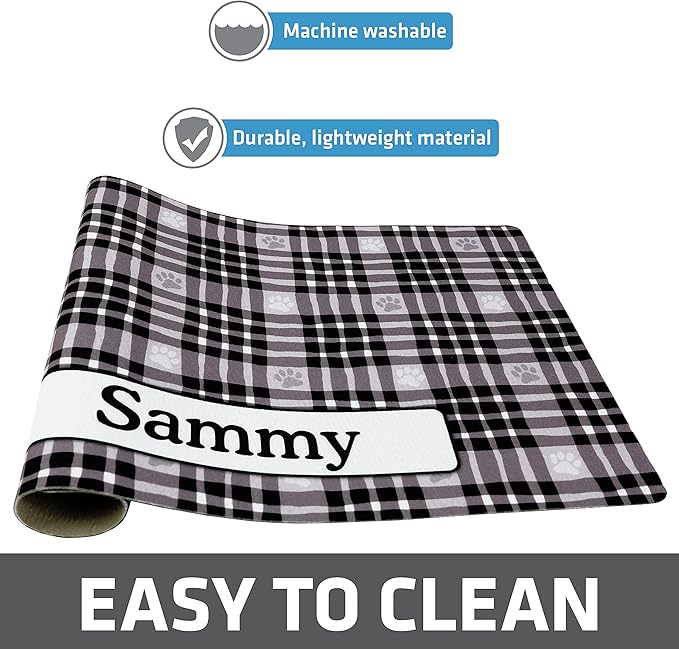 Drymate Personalized Pet Bowl Placemat, Custom Dog & Cat Food Feeding Mat - Absorbent Fabric, Waterproof Backing - Machine Washable/Durable (USA Made) (12" x 20") (Black Paw Plaid)
