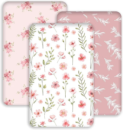 Baby Delight Bassinet Sheets 33x20 for Newton,Airclub,Maxi COSI,Angelbliss,Dream on Me,Mika,Harppa,Amke,ezebaby Rectangle Bassinet Mattress - Pink Floral 3 Pack Girl
