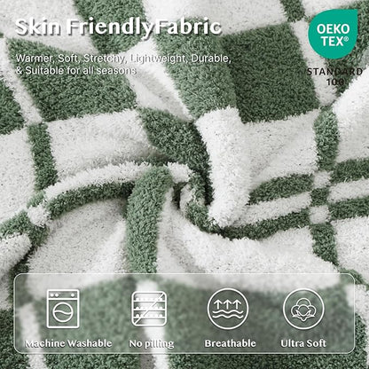 WRENSONGE Checkered Throw Blanket, Olive Green Soft Cozy Fluffy Warm Hand Made Throw Blankets for Couch, Sofa, Chair, Bed, Camping, Picnic, Travel Lightweight Bed Blanket - 50"*60"