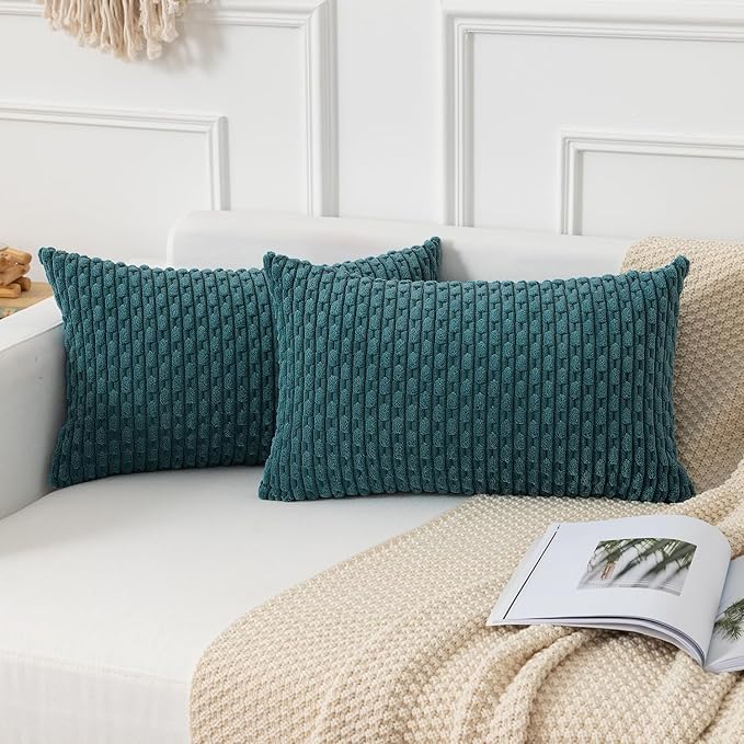 Kevin Textile 14x24 Inch Pillow Cover 1 Pack Boho Decorative Soft Striped Corduroy Lumbar Farmhouse Color Accent Rectangle Cushion Case for Living Room Couch Sofa Bed, Teal Blue