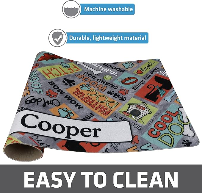 Drymate Personalized Pet Bowl Placemat, Custom Dog & Cat Food Feeding Mat - Absorbent Fabric, Waterproof Backing - Machine Washable/Durable (USA Made) (12" x 20") (Cool Dog - Grey)