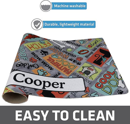 Drymate Personalized Pet Bowl Placemat, Custom Dog & Cat Food Feeding Mat - Absorbent Fabric, Waterproof Backing - Machine Washable/Durable (USA Made) (12" x 20") (Cool Dog - Grey)