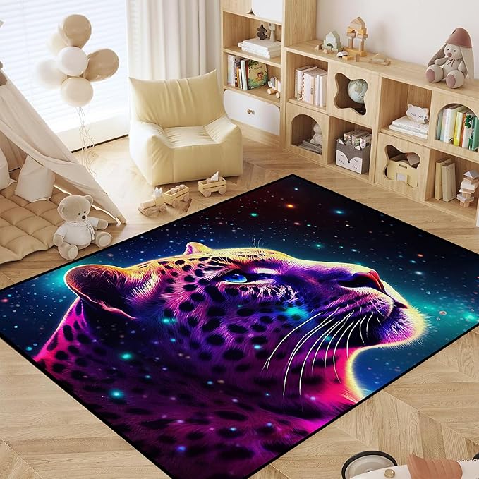 Galaxy Leopard Rug Large Fierce Panther Head Area Rugs for Boys Kids Bedroom Living Room Gameroom Girls Glitter Carpet Floor Mat Throw Rugs 71 in x 47 in