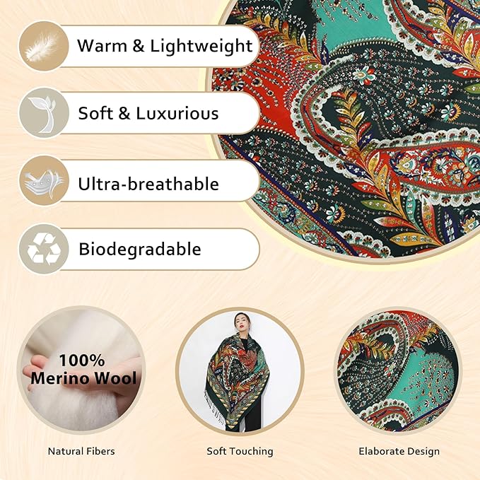 DANA XU 100% Merino Wool Extra Large Pashmina Blanket Travel Scarf Cashmere Wrap for Women Fall Winter Oversize Shawl Floral