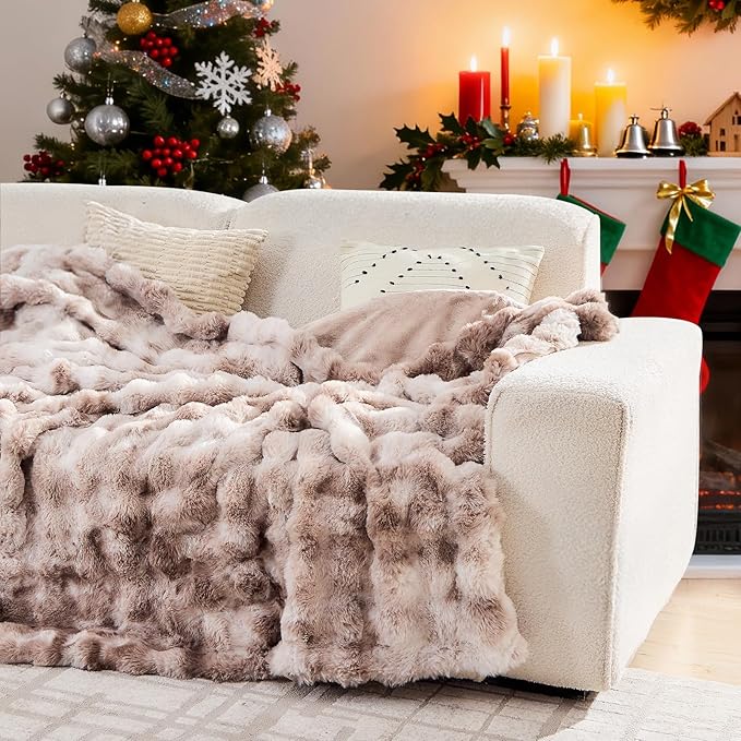 Lotus Karen Faux Fur Throw Blanket Tie-Dye Beige - Big Bubble Rabbit Fluff Blanket for Couch, Large Fluffy Fuzzy Cozy Blankets,Thick Furry Plush Shaggy Blankets,108x90 Inches