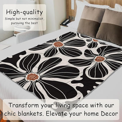 HIWX Boho Abstract Floral Blanket, Modern Abstract Boho Black Flower Throw Blanket for Home Living Room Bedroom Couch Bed Decor, 50x60 Inches