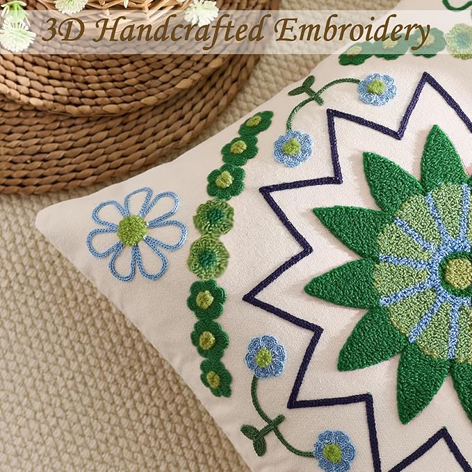 Embroidered Throw Pillow Cover 20x20 Classic Boho Floral Pattern Pillows Cover Outdoor Decorative Pillowcase,Durable Cozy Textured Cushion Case for Sofa Couch Bed Living Room,Green