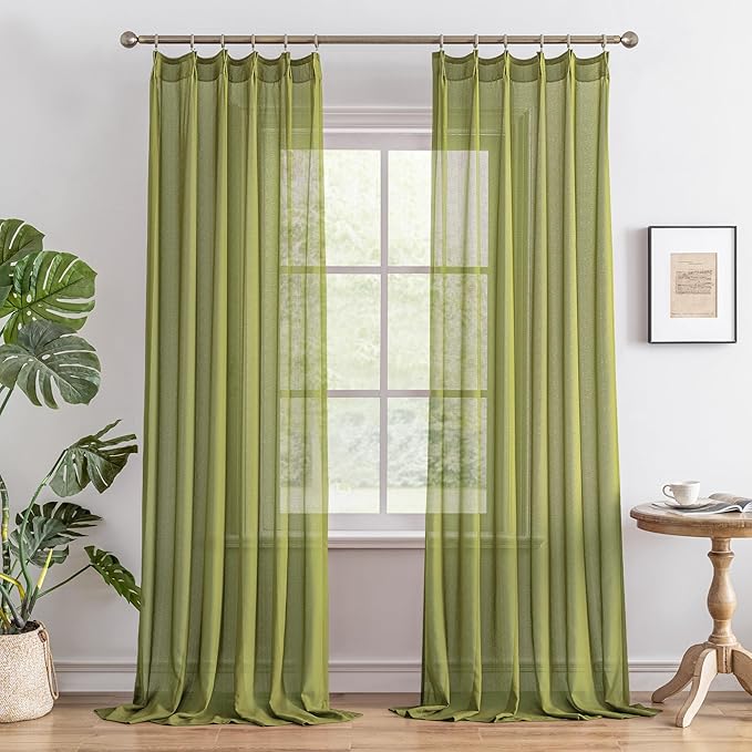 MAIHER Sage Green Pinch Pleat Sheer Curtains 84 Inch Length for Bedroom Soft Touch Lightweight Light Filtering Pleated Drapes with Ajustable Hooks (No Rings), Sage Green, 42" W x 84" L, 2 Panels