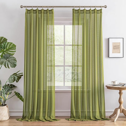 MAIHER Sage Pinch Pleated Sheer Curtains 96 Inches Long for Bedroom Soft Touch Lightweight Transparent Light Filtering Pleated Drapes with Ajustable Hooks, Sage Green, 42" W x 96" L, 2 Panels