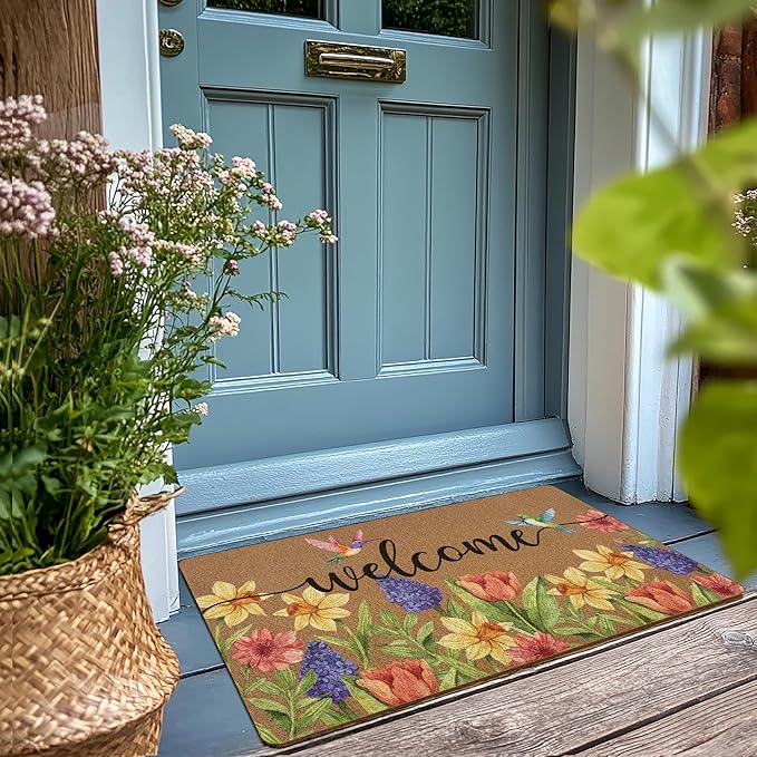 Spring Colorful Floral Birds Door Mat, Flower Welcome Front Door Mat Indoor Outdoor Entrance, Rustic Botanical Artificial Coir Doormat Rugs for Patio Entry Kitchen Decor 30x17in