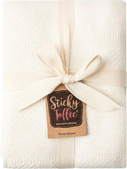 Sticky Toffee Cotton Throw Blanket, 60 x 50 Inch, Ivory Cream Herringbone Weave, Soft Lightweight Woven Blanket for Couch, Boho Farmhouse Style
