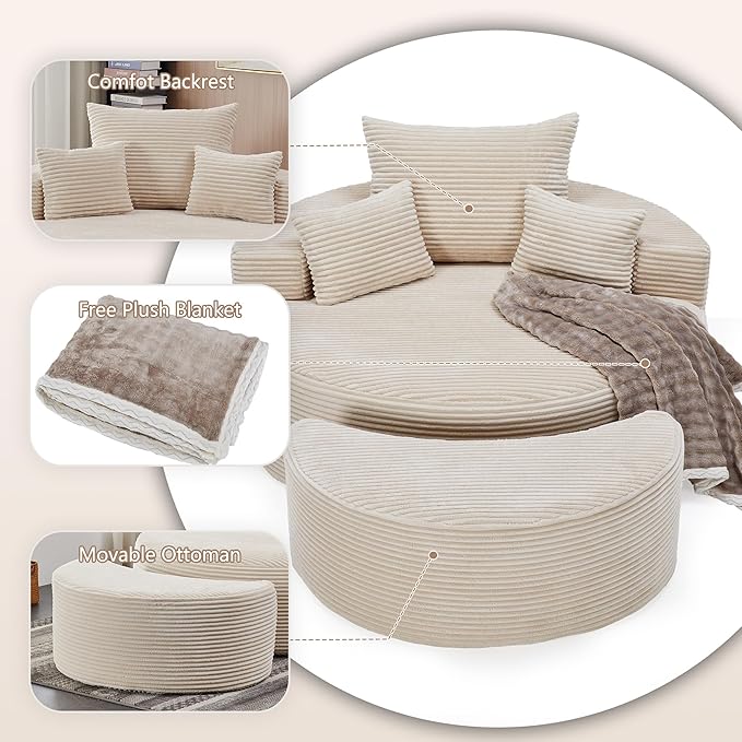 55.11" W Oversized Round Chaise Lounge Chair, Deep Seat Corduroy Cloud with Pillows, Moveable Ottoman and Blanket– Comfy Circle Loveseat Sofa Chair for Living Room or Bedroom (Beige)