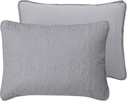 Easy-Going King Size Reversible Quilt Set with 1 Quilt and 2 Pillow Shams, Soft Bed Quilt Cover, Water Resistant Lightweight Microfiber Bedspread, Stain Resistant, Damask-Light Gray/Ivory
