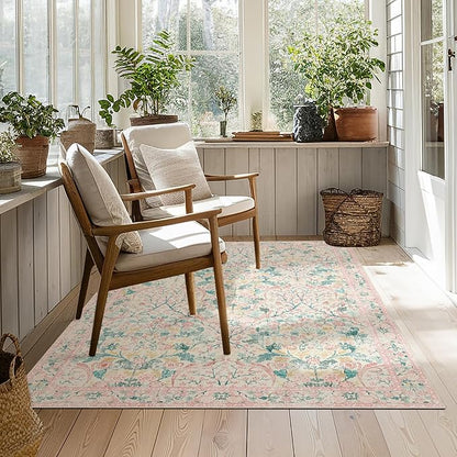 MUJOO 3x5 Pink Rug Washable,Floral Area Rug for Bedroom Office Entryway Living Room Bedside,Small Throw Carpet Boho Non Slip Indoor Floor Botanical Vintage Ultra-Thin