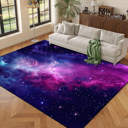5' X 7' Purple Galaxy Rug Space Rugs Colorful Throw Rug Non-Slip Sun and Cloud Carpet Doormats for Living Room Bedroom Apartment Dorm Floor Mat