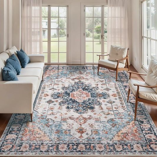 Tangsoo 5x7 Area Rug Washable Rug for Living Room, Vintage Rug Indoor Non Slip Large Area, Print Distressed Blue Carpet, Soft Low Pile Foldable Floor for Bedroom Dining Room Dorm