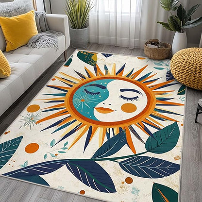 6x9 Sun and Moon Area Rug Leaf Orange Yellow Blue Beige Rug Non Slip Low Pile Large Carpet for Home Kitchen Living Room Bedroom Dining Room Office