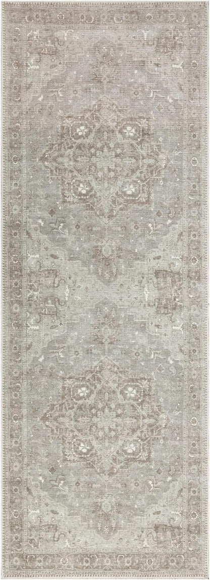 Bloom Rugs Washable Non-Slip 10 ft Runner - Beige/Gray Traditional Runner for Entryway, Hallway, Bathroom, and Kitchen - Exact Size: 2.5' x 10'