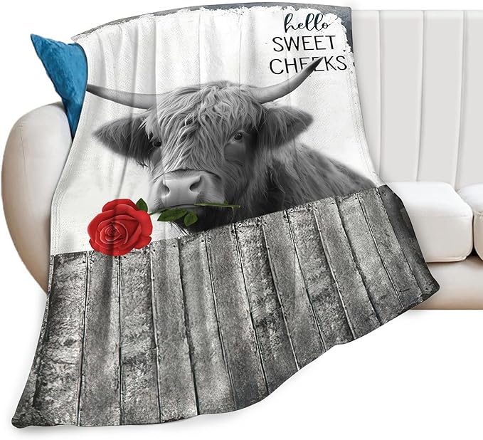 Funny Highland Cow Throw Blanket - Farm Cow Gifts & Decor, Soft Warm Cozy Fleece Blanket for Couch, Sofa, Bed - 60"x50"